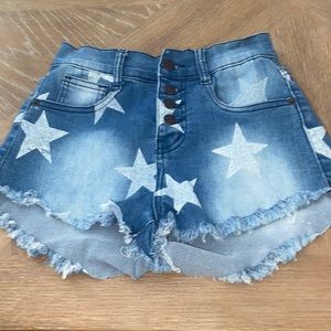 denim blue jean stretchy material shorts with white stars